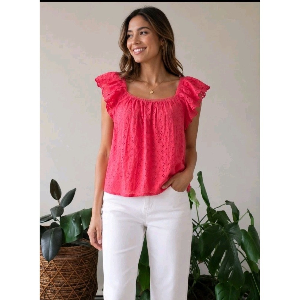 NWT LOFT Eyelet Flutter Sleeve Blouse Top Pink Coral Embroidered Coastal Size M